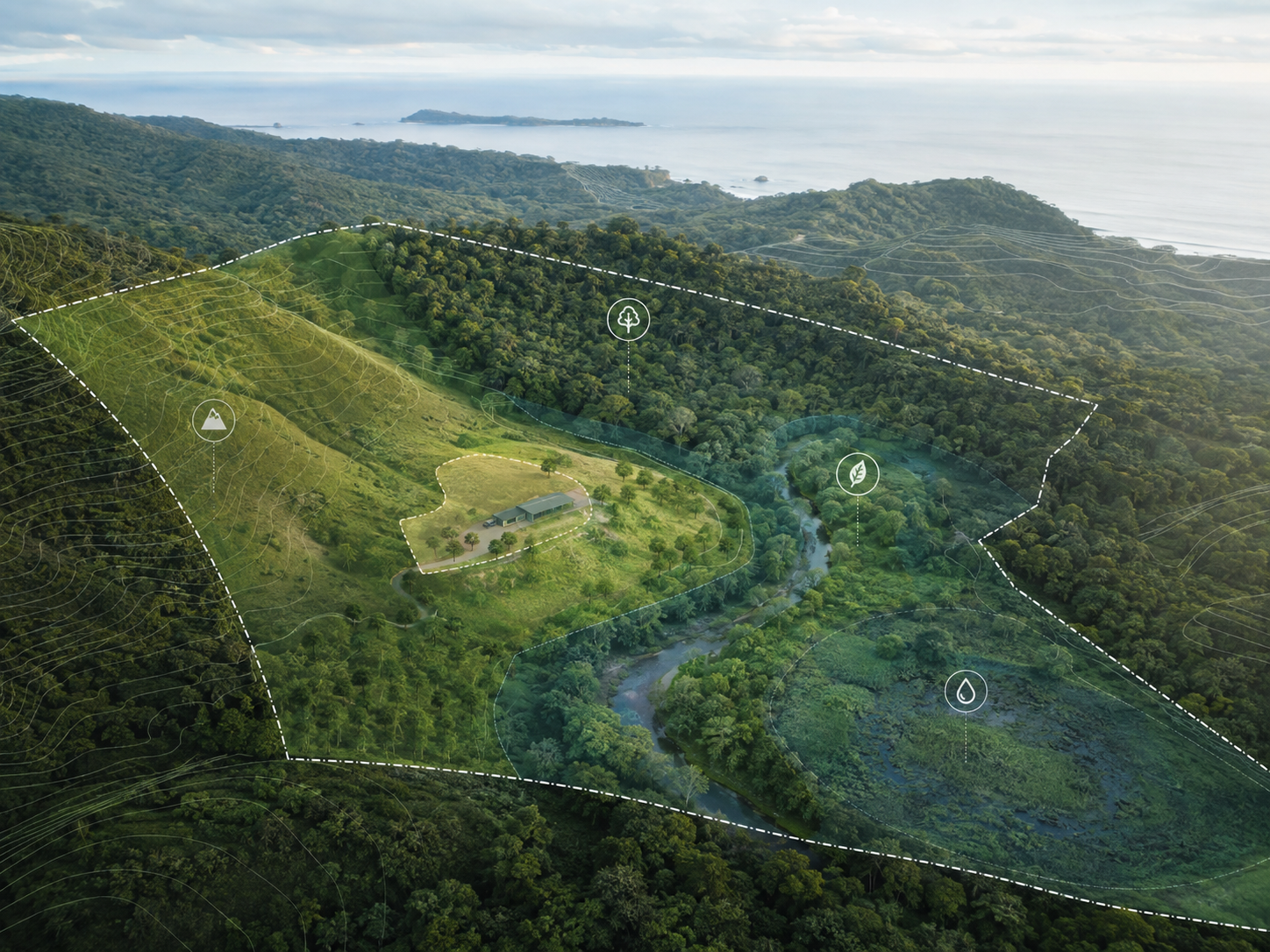 Representación de un Área Ambientalmente Frágil con bosque, curso de agua, humedal, pendientes y un proyecto dentro de una propiedad