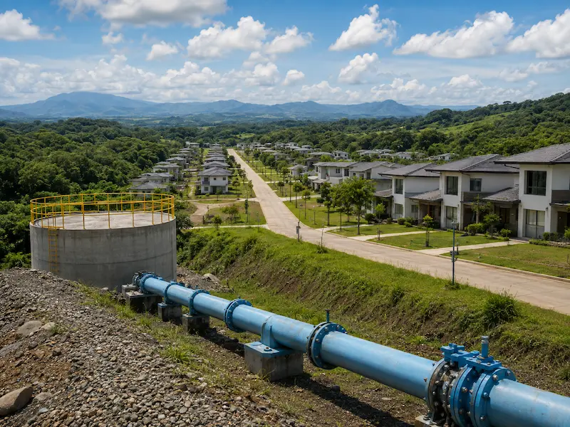 Infraestructura de abastecimiento de agua junto a un desarrollo residencial en Costa Rica