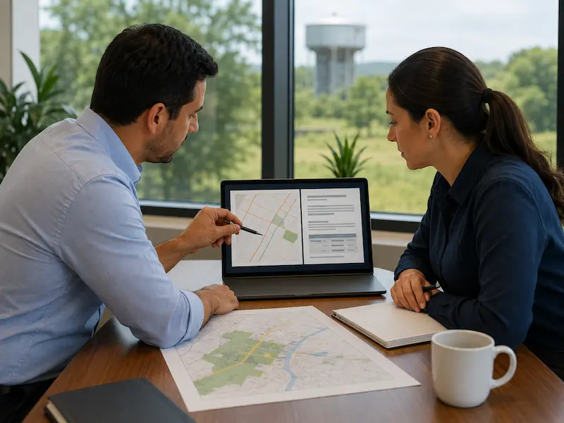 Profesionales revisando información técnica y cartográfica para definir los siguientes pasos de un proyecto