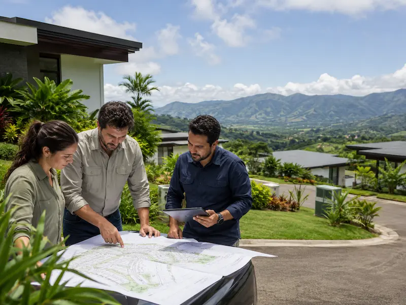 Profesionales revisando planos de un proyecto habitacional en Costa Rica