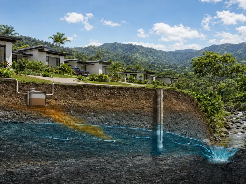 Modelo hidrogeológico conceptual de un proyecto habitacional con flujo subterráneo, pozo y cuerpo de agua