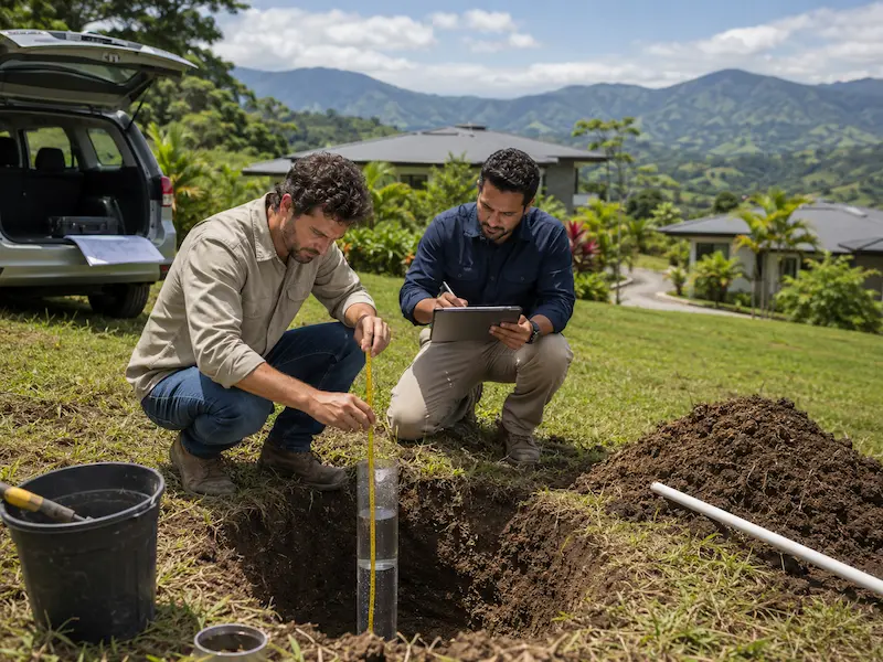 Profesionales realizando una prueba de infiltración en un proyecto habitacional