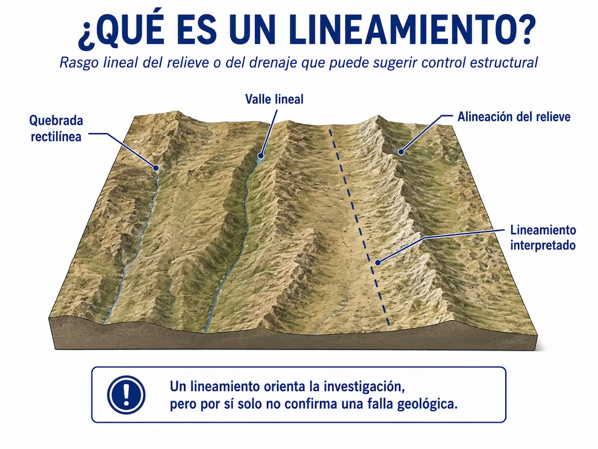 Lineamiento geomorfológico representado sobre el relieve y la red de drenaje