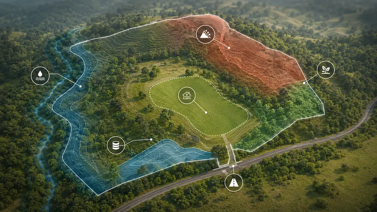 Visual conceptual de una propiedad con zonificación ambiental, accesos, cuerpos de agua, amenazas y área potencial de desarrollo
