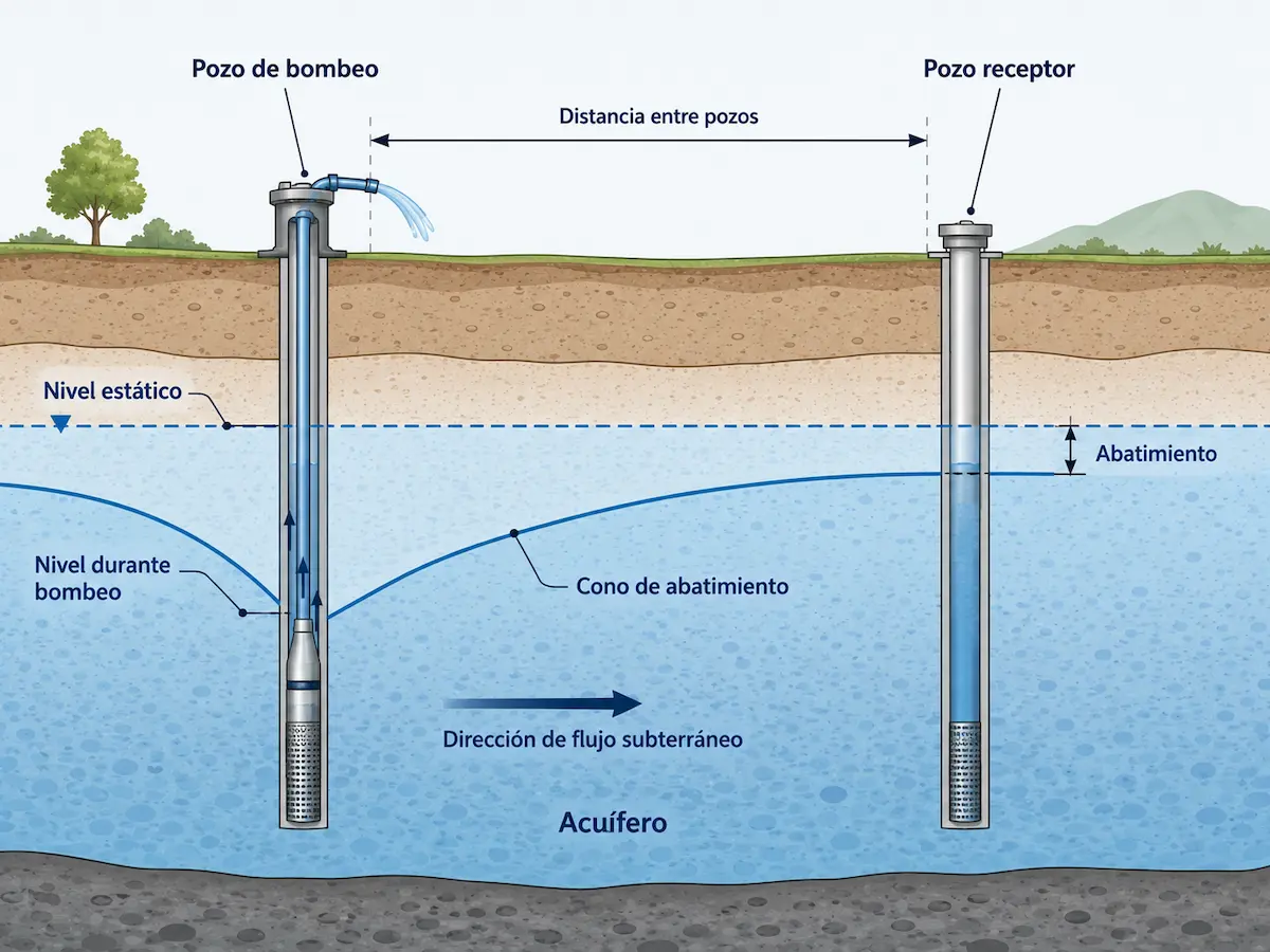 Esquema conceptual de interferencia entre pozos, niveles de agua subterránea y respuesta del acuífero frente al bombeo