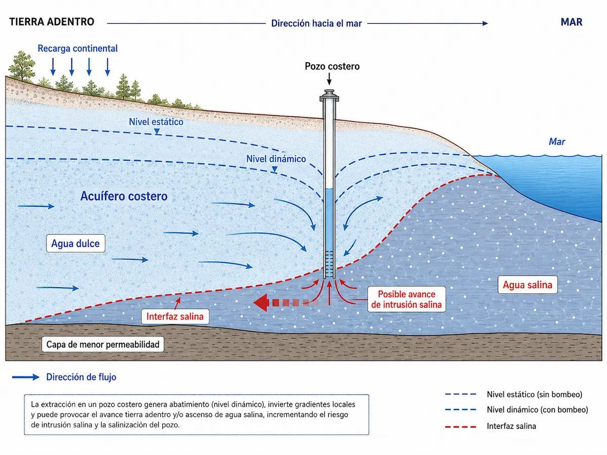 Hydrogeological illustration of saltwater intrusion in a coastal aquifer, showing well pumping, lateral saltwater migration and possible saline upconing toward the intake