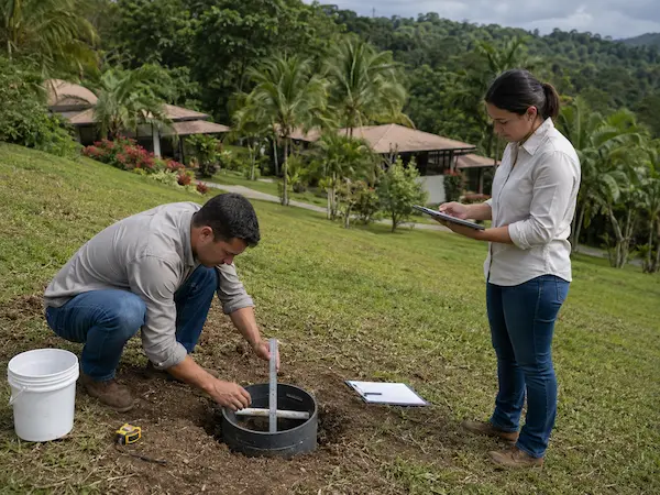 Profesionales realizando una prueba de infiltración en un proyecto residencial tropical