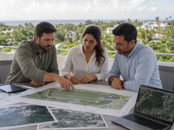 Profesionales revisando planos, imágenes aéreas y cartografía de un proyecto