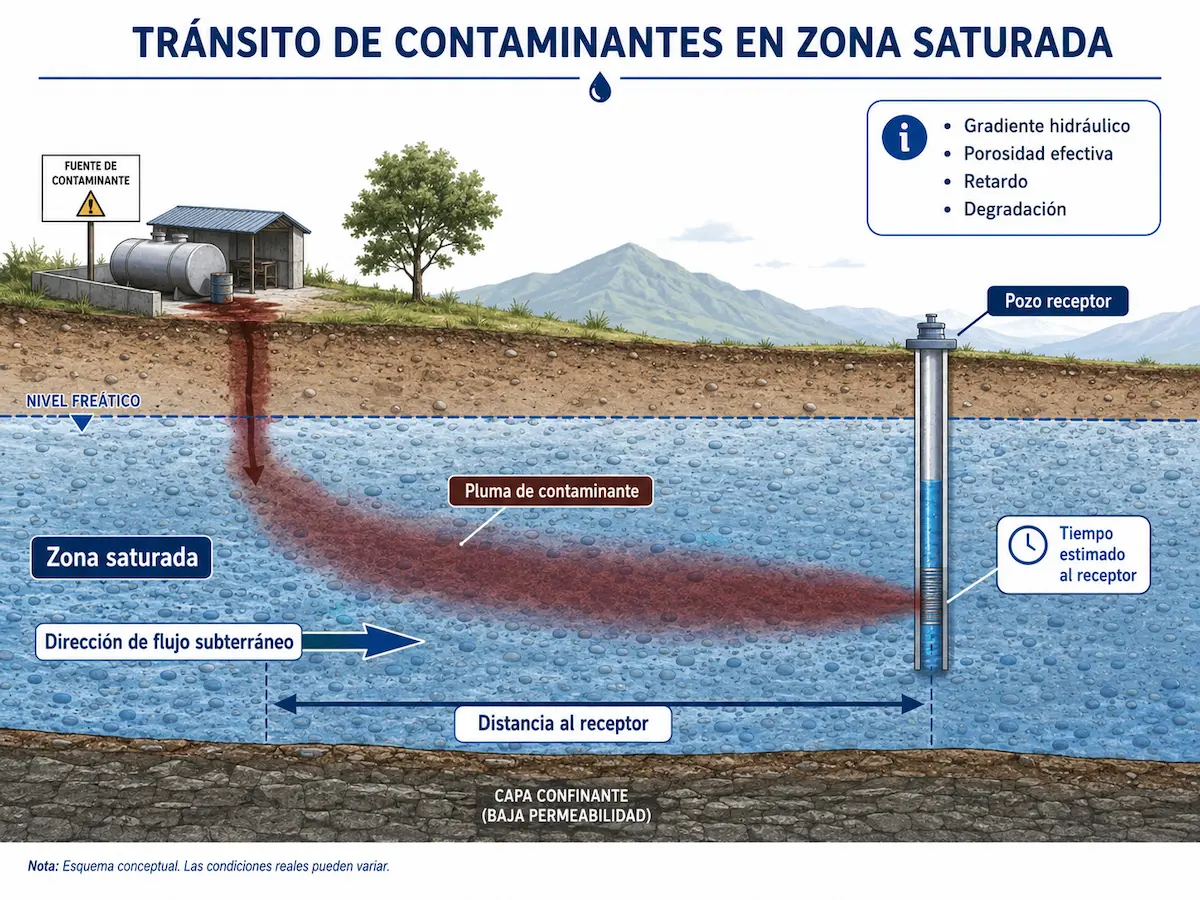 Conceptual diagram of contaminant transport in the saturated zone, showing groundwater flow direction, a contaminant plume and a potential receptor well