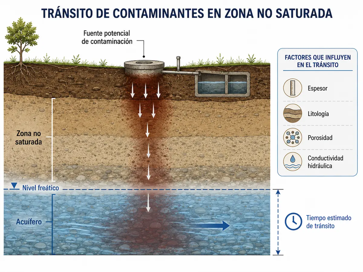 Conceptual diagram of contaminant migration through the unsaturated zone from a surface source to the water table and aquifer