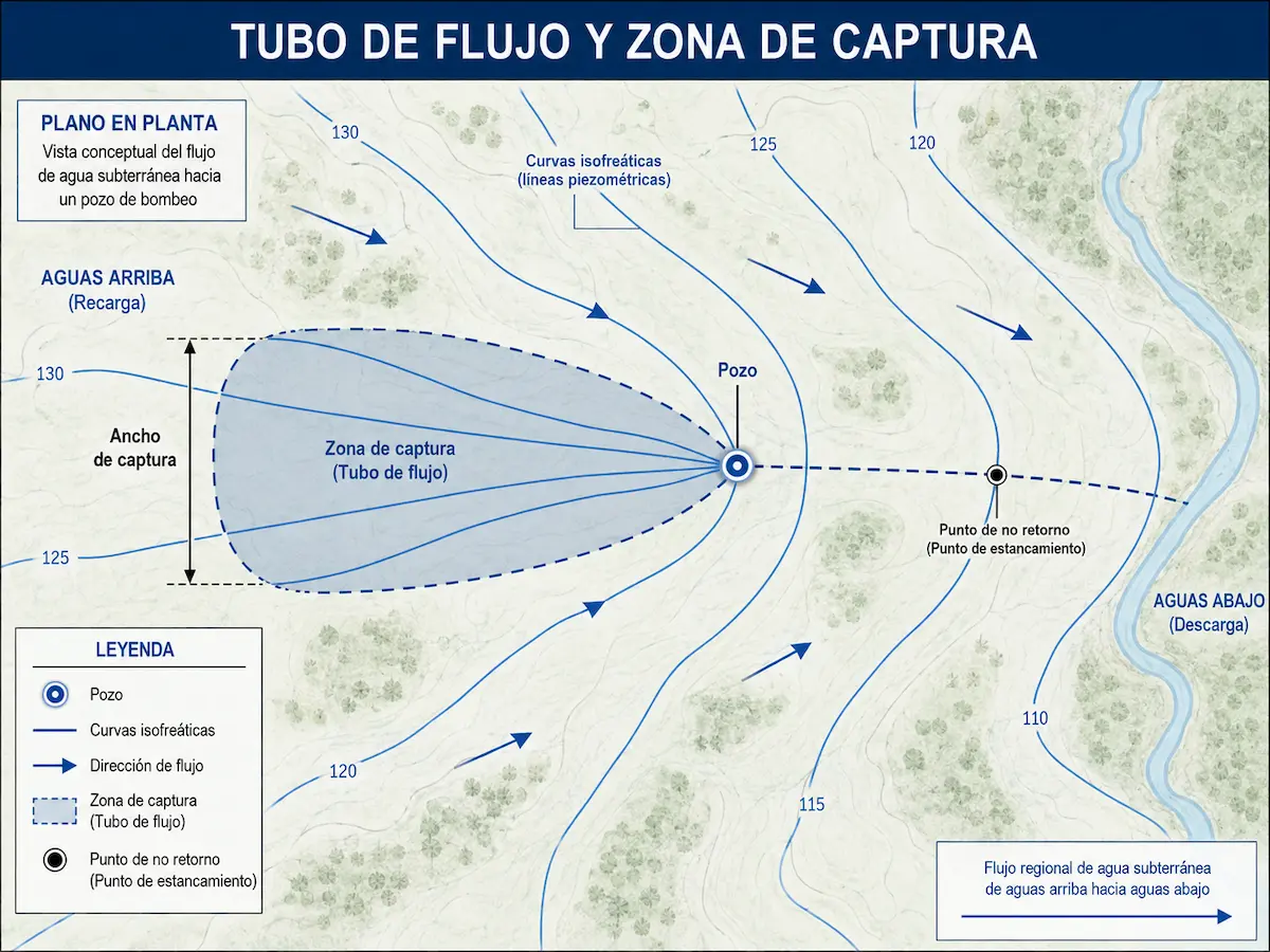 Representación técnica de flujo subterráneo y zona de captura de un pozo