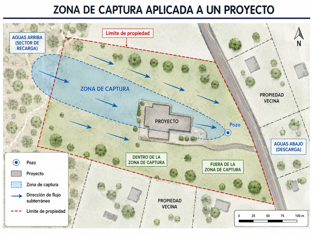 Mapa técnico de zona de captura y dirección de flujo subterráneo