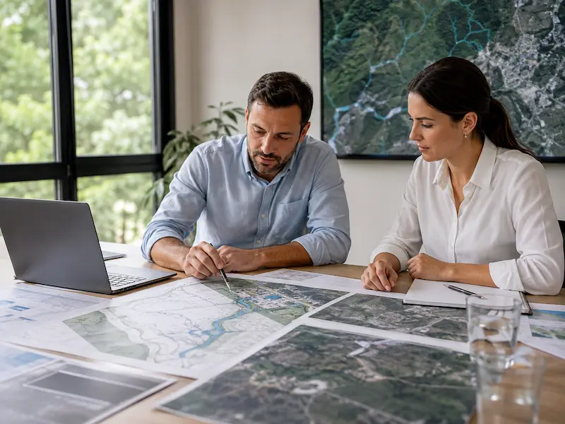 Profesionales analizando cartografía, cuerpos de agua, pozos y condicionantes territoriales de un proyecto